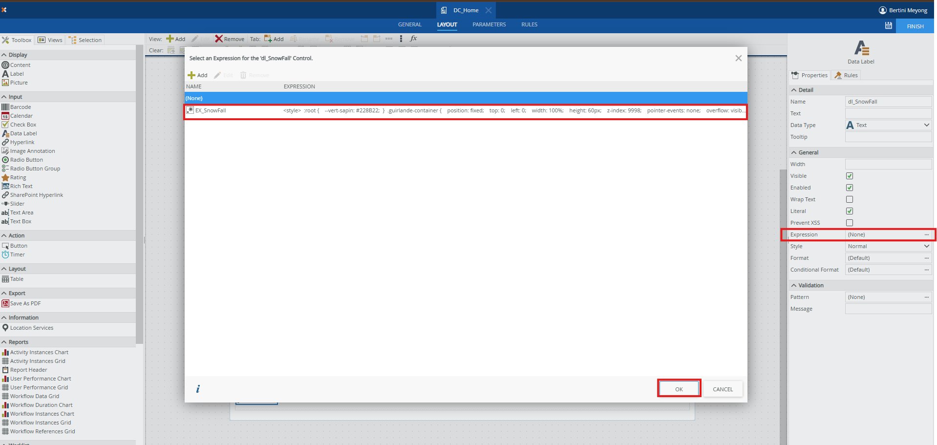 Association d'une expression au Data Label dans un thème Noël pour formulaires K2